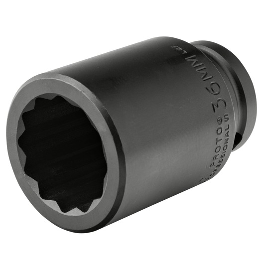 PROTO J07536MLT black 36mm impact socket, side angle, text engraved on metal.