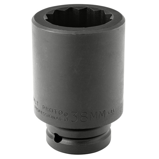 PROTO J07538MLT black 38mm impact socket, cylindrical shape, shown at front angle on white background.