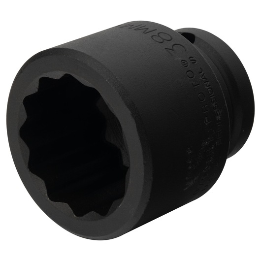 Photo of PROTO black impact socket J07538MT, side angle, showing 12-point opening and engraved markings.