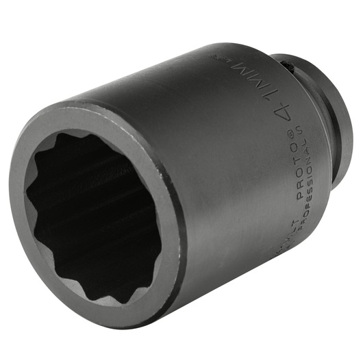 Photo of PROTO J07541MLT impact socket, 12-point, black finish, angled to show open end and side engraving.