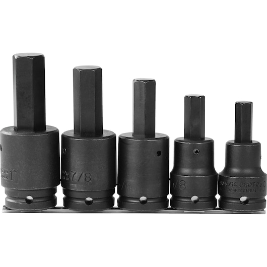 Photo of PROTO J07595 hex bit socket set, 5-piece, black finish, product on white background, front angle.