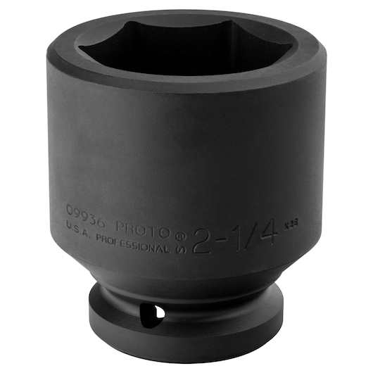 PROTO J09936 large black impact socket, side angle on white background, engraved size 2-1/4 inch visible.