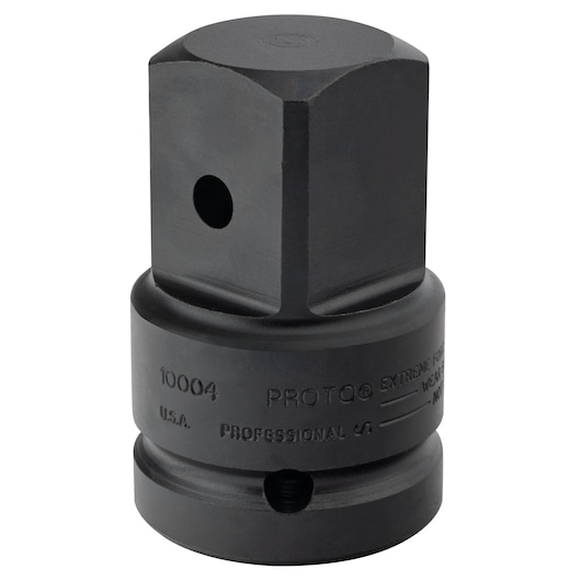 PROTO J10004 black impact socket adapter, cylindrical metal tool, white background front angle.