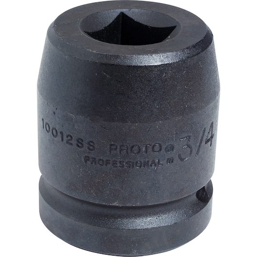 Photo of PROTO J10012SS 3/4 inch impact socket, black steel, upright angle on white background.