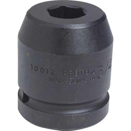 PROTO J10012 black impact socket, cylindrical shape, hex opening, photography on white background.