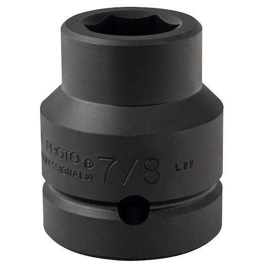 PROTO J10014 black 7/8 inch impact socket, side angle, white background.