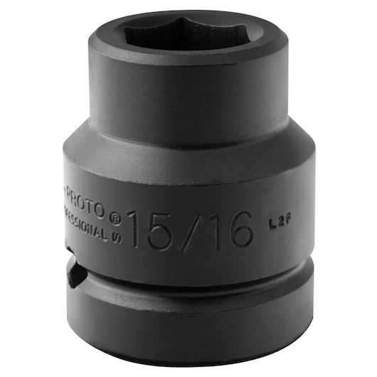 PROTO J10015 black 15/16 inch impact socket, side angle, on white background.