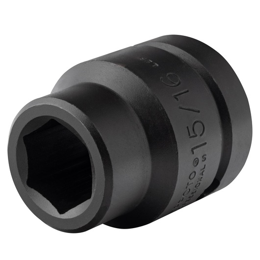 PROTO J10015 black impact socket angled view, showing hexagonal opening and size marking.