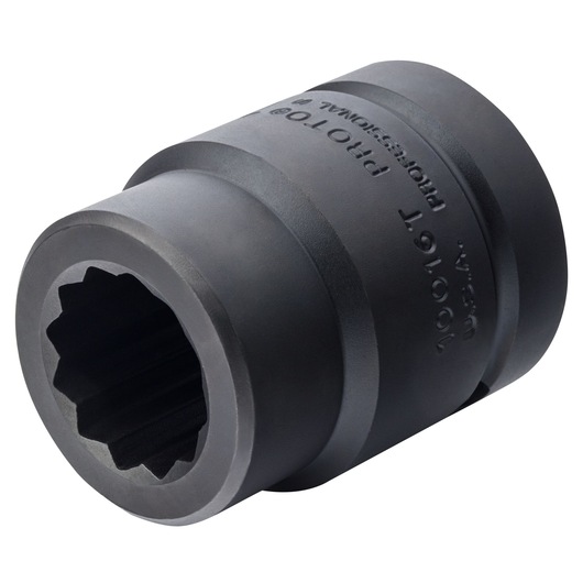 Photo of PROTO J10016T black impact socket with twelve-point opening, angled on white background.
