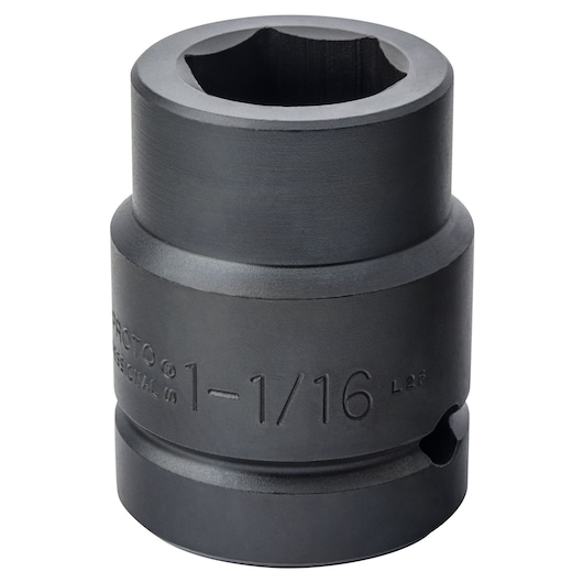 PROTO J10017 black impact socket, 1-1/16 inch, cylindrical steel tool, front angle on white background.