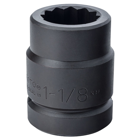 PROTO J10018T black impact socket, 1-1/8 inch, twelve-point, cylindrical, photography, front angle, white background.