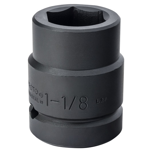 PROTO J10018 black impact socket, 1-1/8 inch, front angle, photography on white background.