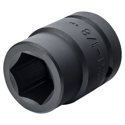 PROTO J10018 black impact socket, side angle on white background, with 1-1/8 inch marking.