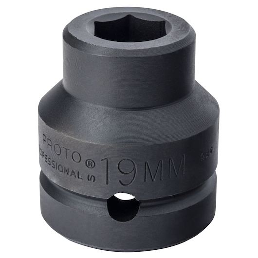 PROTO J10019M 19mm impact socket, black, side angle on white background.