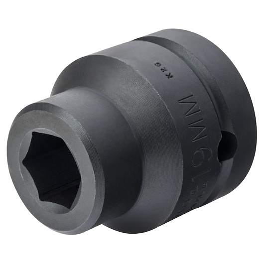 PROTO J10019M black impact socket, 19mm, hex drive, shown at angle on white background.