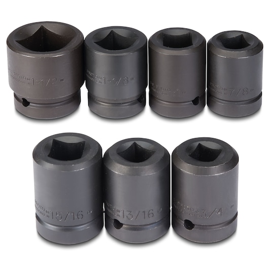 PROTO J1001SS impact socket set, seven black sockets with size markings, front angle on white background.