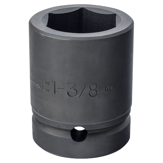 Photo of PROTO J10022 impact socket, 1-3/8 inch size, black finish, shown at a front angle on white background.