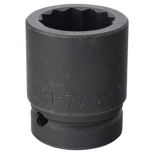 PROTO J10023T black 1-7/16 inch impact socket, cylindrical shape, side angle, white background.