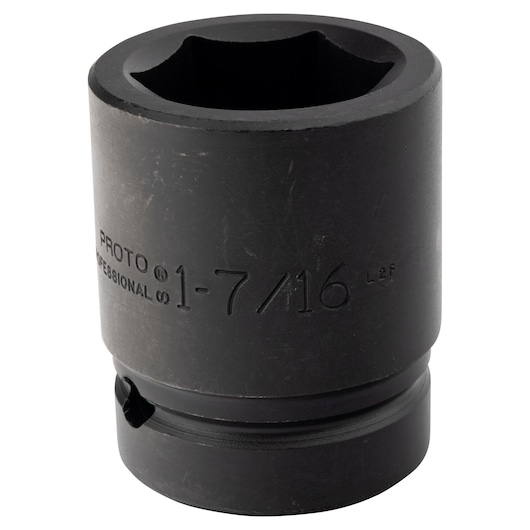PROTO J10023 black impact socket, 1-7/16 inch size, cylindrical shape, front angle on white background.