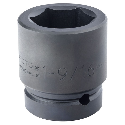 PROTO J10025 black impact socket, 1-9/16 inch, cylindrical, front angle, photography on white background.
