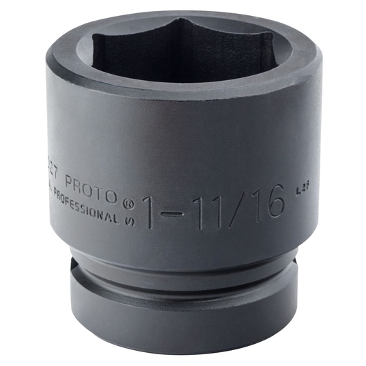 PROTO J10027 black 1-11/16 inch impact socket, side angle on white background.