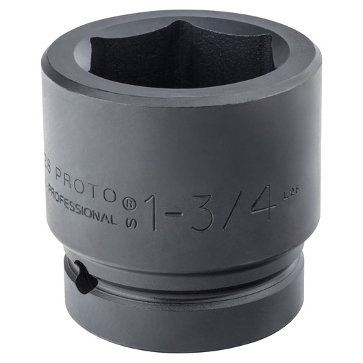 PROTO J10028 black 1-3/4 inch impact socket, close-up angle on white background.