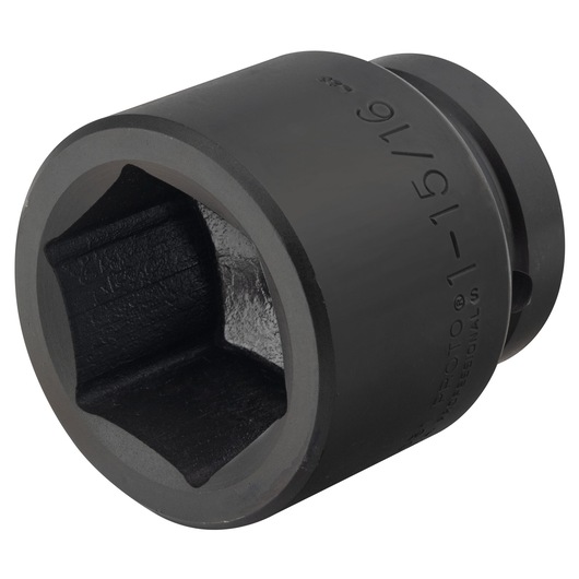 PROTO J10031 black impact socket, 1-15/16 inch, hex design, side angle on white background.