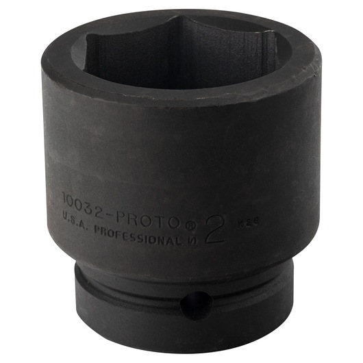 Photo of PROTO J10032 black impact socket, cylindrical shape, side angle on white background.