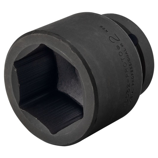 Photo of PROTO J10032 black impact socket, hexagonal opening, angled on white background.