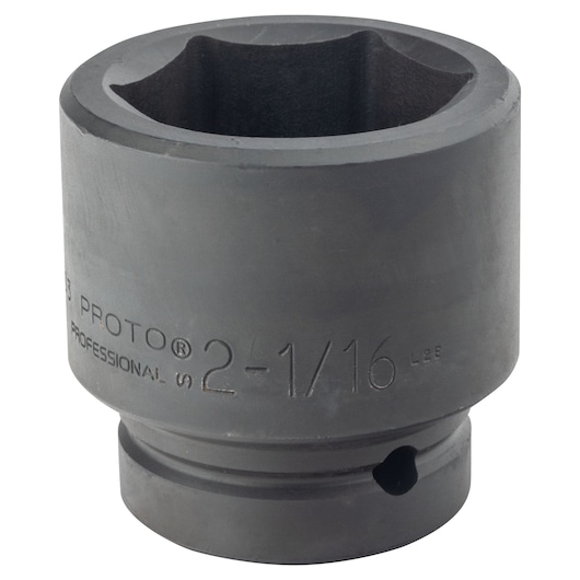 PROTO J10033 large black impact socket, 2-1/16 inch size, front angle on white background.