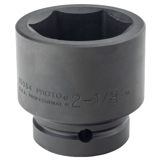 PROTO J10034 black industrial impact socket, front angle, showing engraved size and branding.