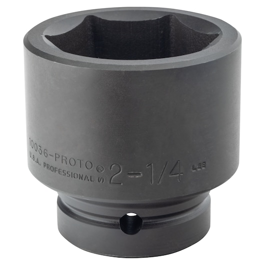 Photo of PROTO J10036 large black impact socket, sized 2-1/4 inch, shown angled on white background.