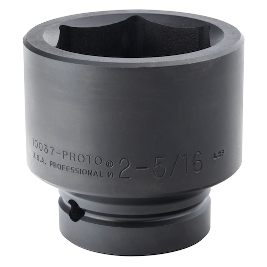 PROTO J10037 large black impact socket, 2-5/16 inch size, side angle on white background.