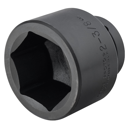 PROTO J10038 black industrial socket, side angle, engraved size and branding, hex drive opening.