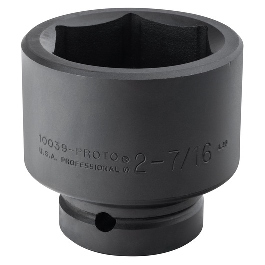 PROTO J10039 black industrial impact socket, front angle, large size, engraved measurements visible.