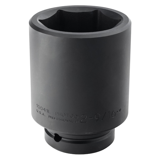 PROTO J10041L black impact socket, 2-9/16 inch, cylindrical, side angle on white background.
