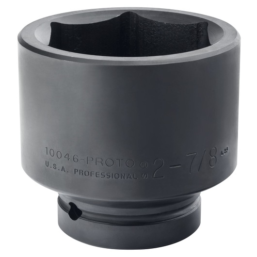 Photo of PROTO J10046 large black impact socket with etched labeling, shown at a front angle on white background.