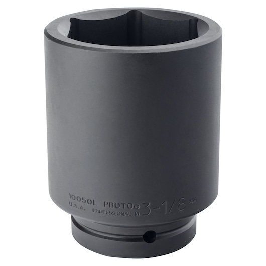 Photo of PROTO J10050L large black impact socket, 3-1/8 inch, shown upright on white background.