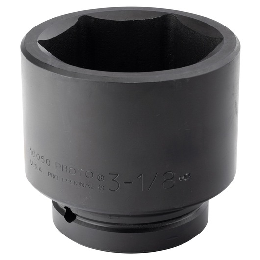 PROTO J10050 black impact socket with 3-1/8 inch size, front angle on white background.