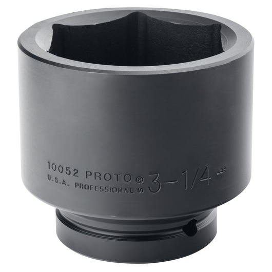 PROTO J10052 large black impact socket, 6-point, engraved size, top angle, white background.
