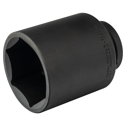 Photo of PROTO J10058L large black impact socket, six-point design, angled on white background.