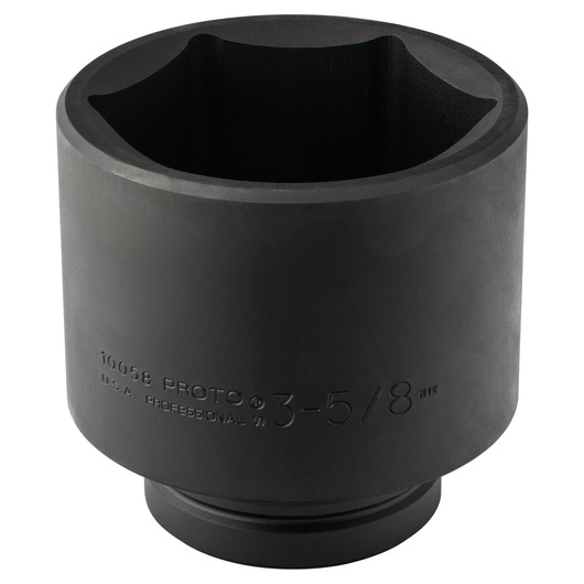 PROTO J10058 black 3-5/8 inch impact socket, cylindrical with six-point opening, front angle on white background.