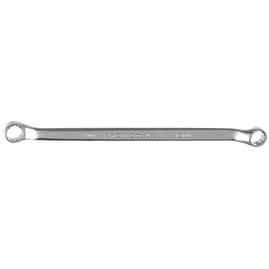 PROTO J1053M combination box end wrench, chrome finish, 11mm and 10mm, side angle on white background.