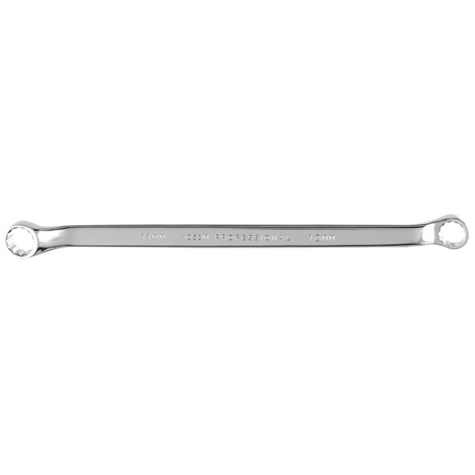 Photo of PROTO J1053M polished chrome box end wrench, double ended, 10mm and 11mm, front angle on white background.