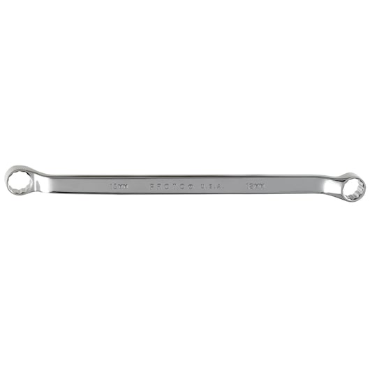 PROTO J1057M double box end wrench, chrome finish, 15mm and 12mm, front angle on white background.