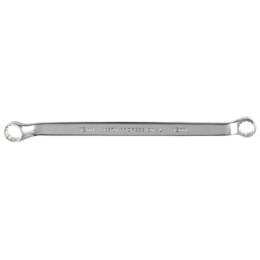 PROTO J1057M double box end wrench, chrome finish, 13mm and 15mm, top view on white background.