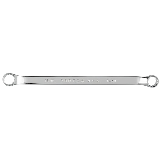 Photo of PROTO J1061M polished double box end wrench, 12-point, 14mm and 15mm, front angle on white background.