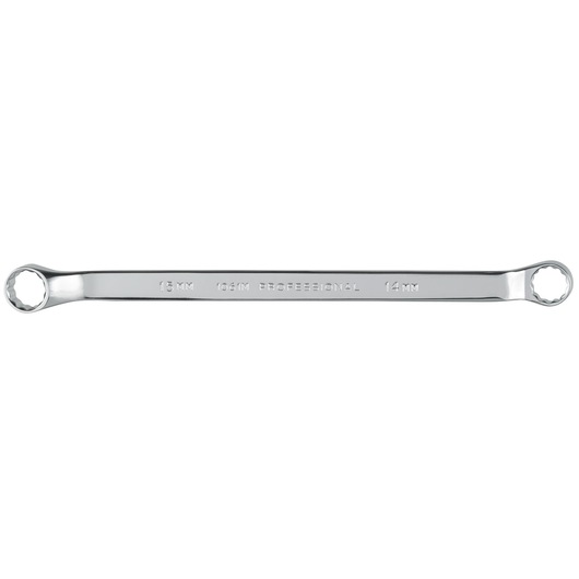 PROTO J1061M box end wrench, chrome finish, 15 mm and 14 mm ends, top view on white background.