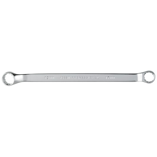 PROTO J1065M chrome box end wrench, 17mm and 19mm sizes, side view on white background