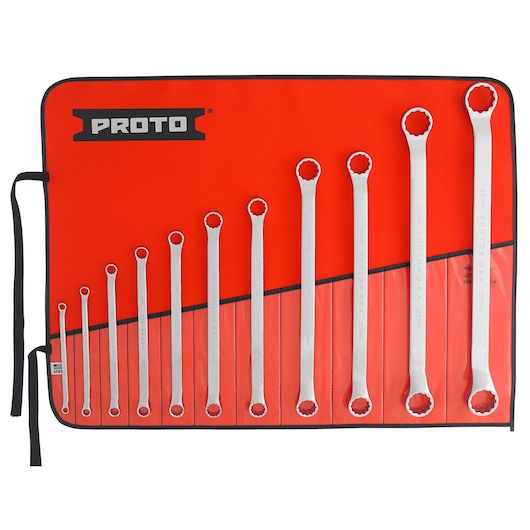 PROTO J1100S-M box end wrench set with twelve wrenches in red tool roll, top-down view.